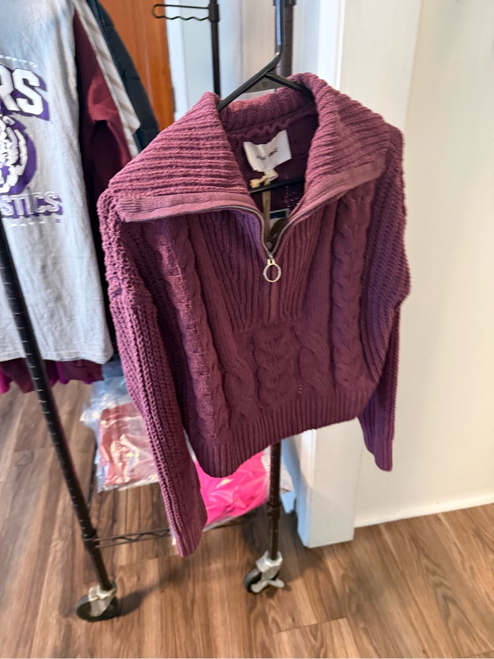 Pink Rose Cable-Knit Half-Zip Sweater in Plum